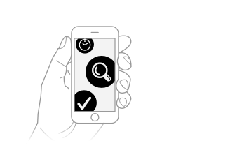 Hand holding a cell phone in first person perspective. On the phone there are icons with a clock, a magnifying glass and a checkmark